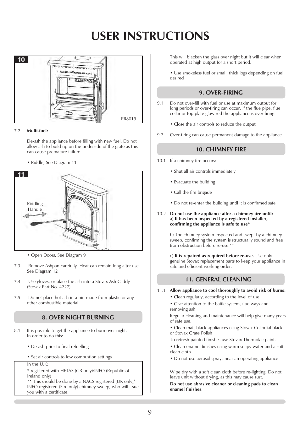 User instructions, Over night burning, Over-firing | Chimney fire, General cleaning | Stovax 7126 User Manual | Page 9 / 30