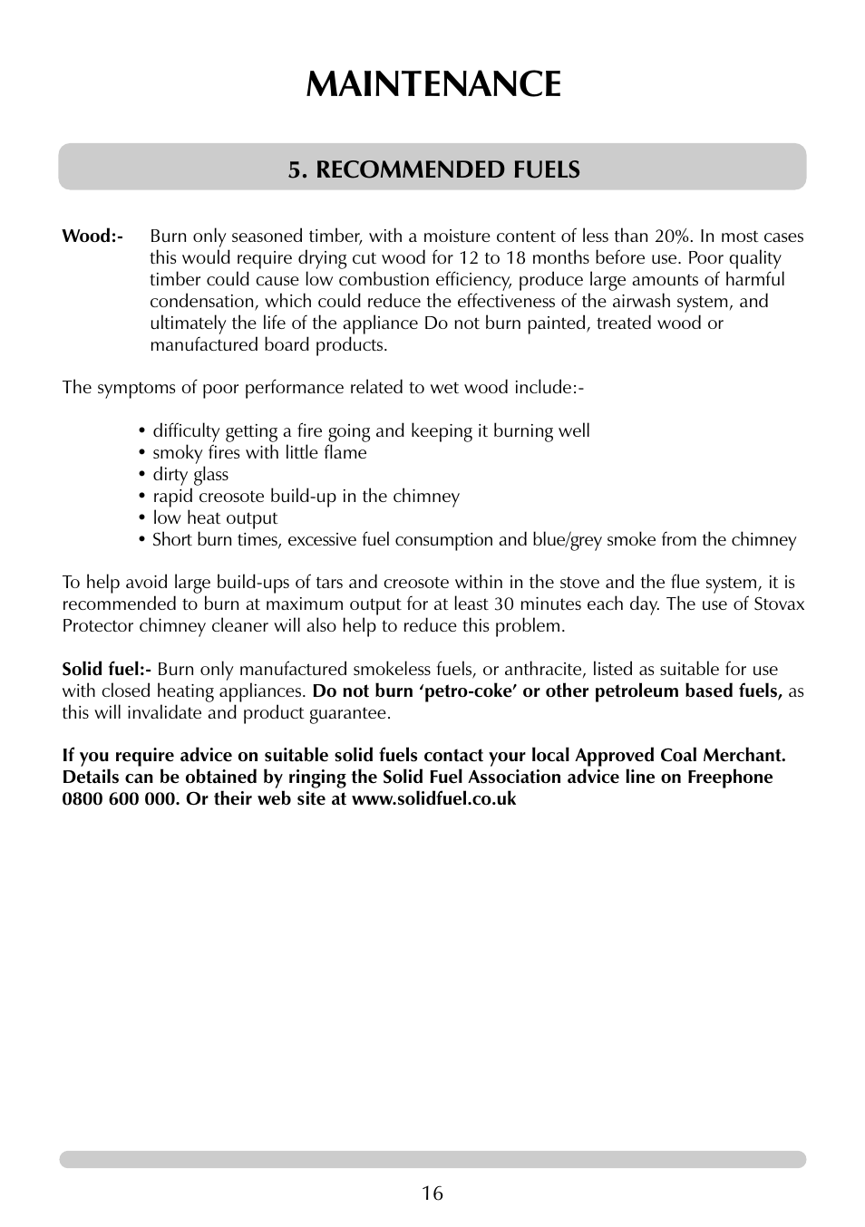 Maintenance, Recommended fuels | Stovax 7129 User Manual | Page 16 / 20