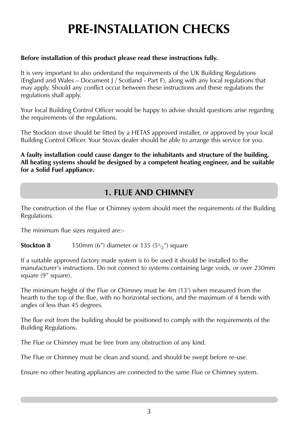 Pre-installation checks, Flue and chimney | Stovax 7129 User Manual | Page 3 / 20