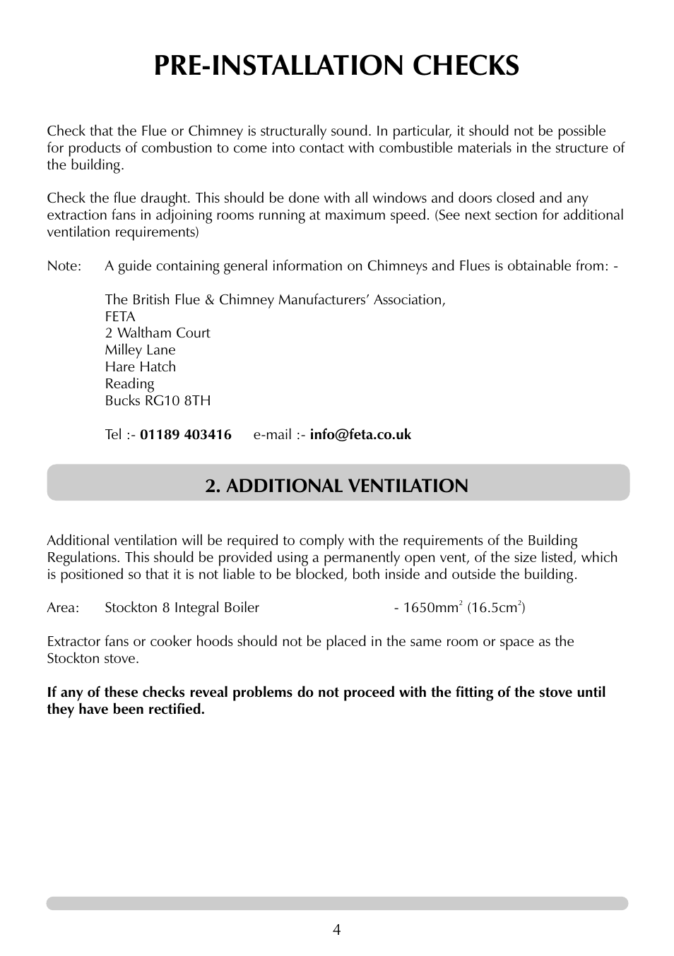 Pre-installation checks, Additional ventilation | Stovax 7129 User Manual | Page 4 / 20