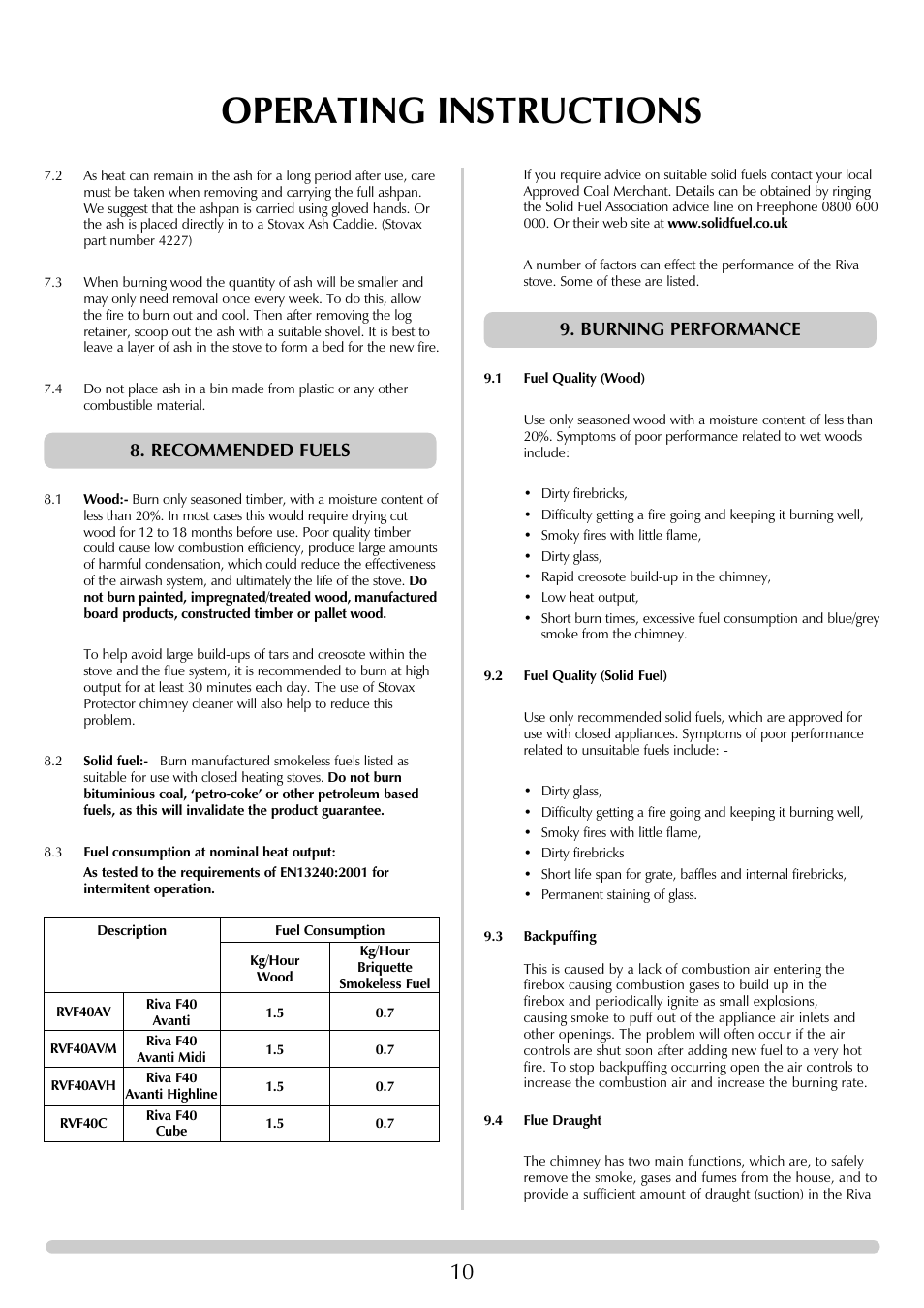 Operating instructions, Recommended fuels 9. burning performance | Stovax RVF40AVM User Manual | Page 10 / 24