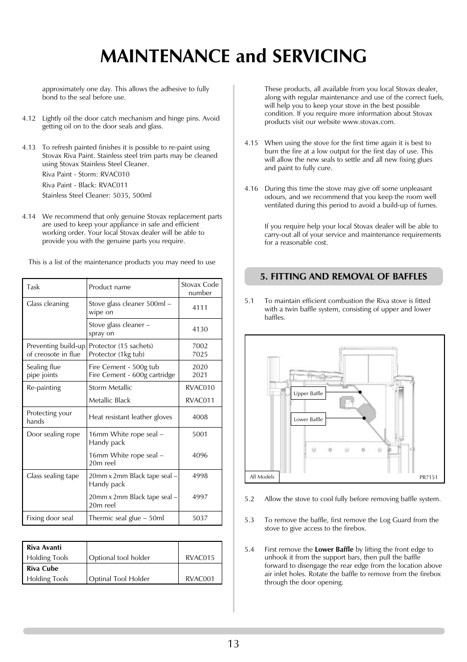 Maintenance and servicing, Fitting and removal of baffles | Stovax RVF40AVM User Manual | Page 13 / 24