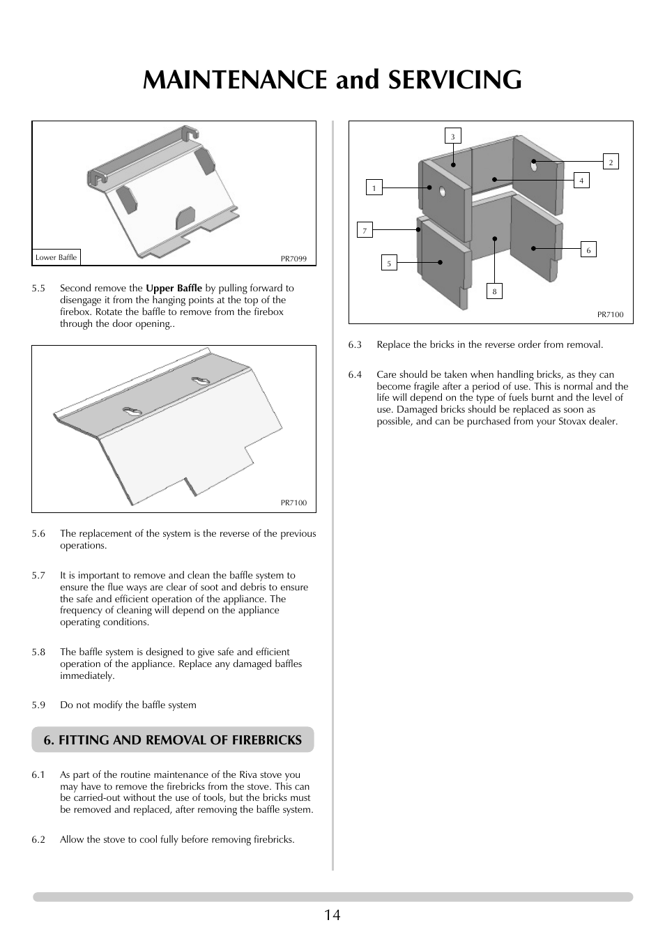 Maintenance and servicing, Fitting and removal of firebricks | Stovax RVF40AVM User Manual | Page 14 / 24