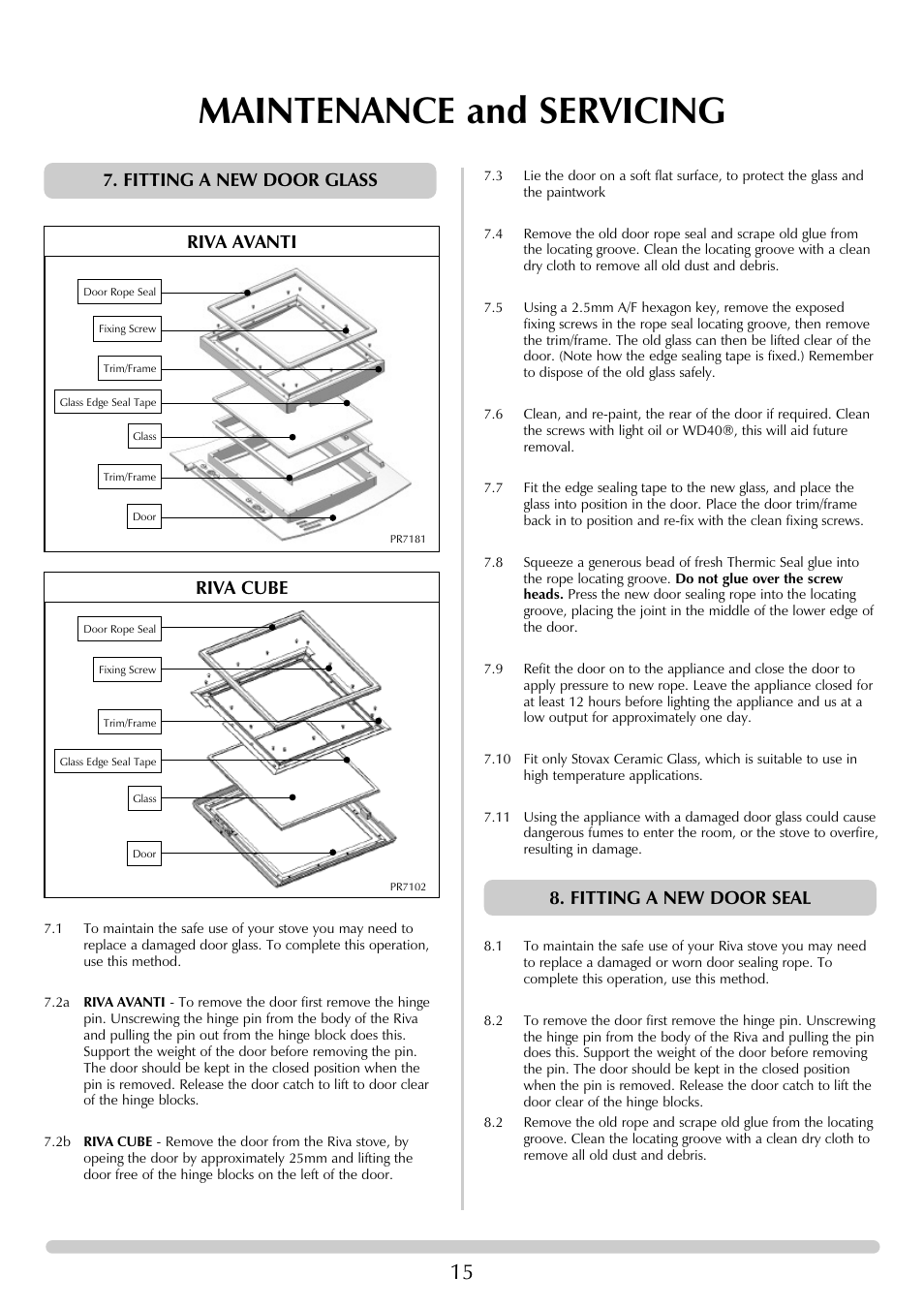 Maintenance and servicing, Fitting a new door seal, Fitting a new door glass | Riva avanti riva cube | Stovax RVF40AVM User Manual | Page 15 / 24