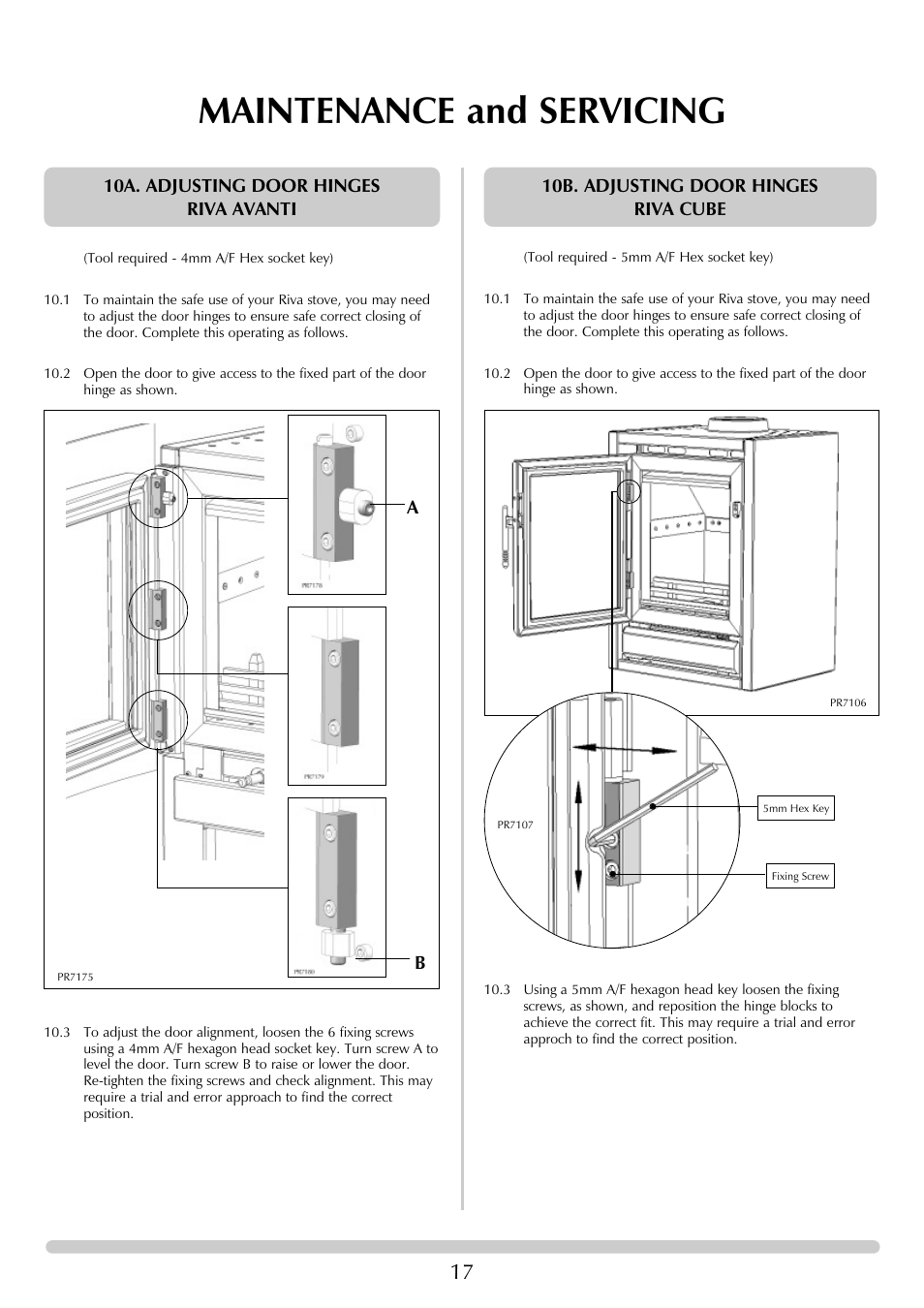 Maintenance and servicing, 10b. adjusting door hinges riva cube, Ab 10a. adjusting door hinges riva avanti | Stovax RVF40AVM User Manual | Page 17 / 24