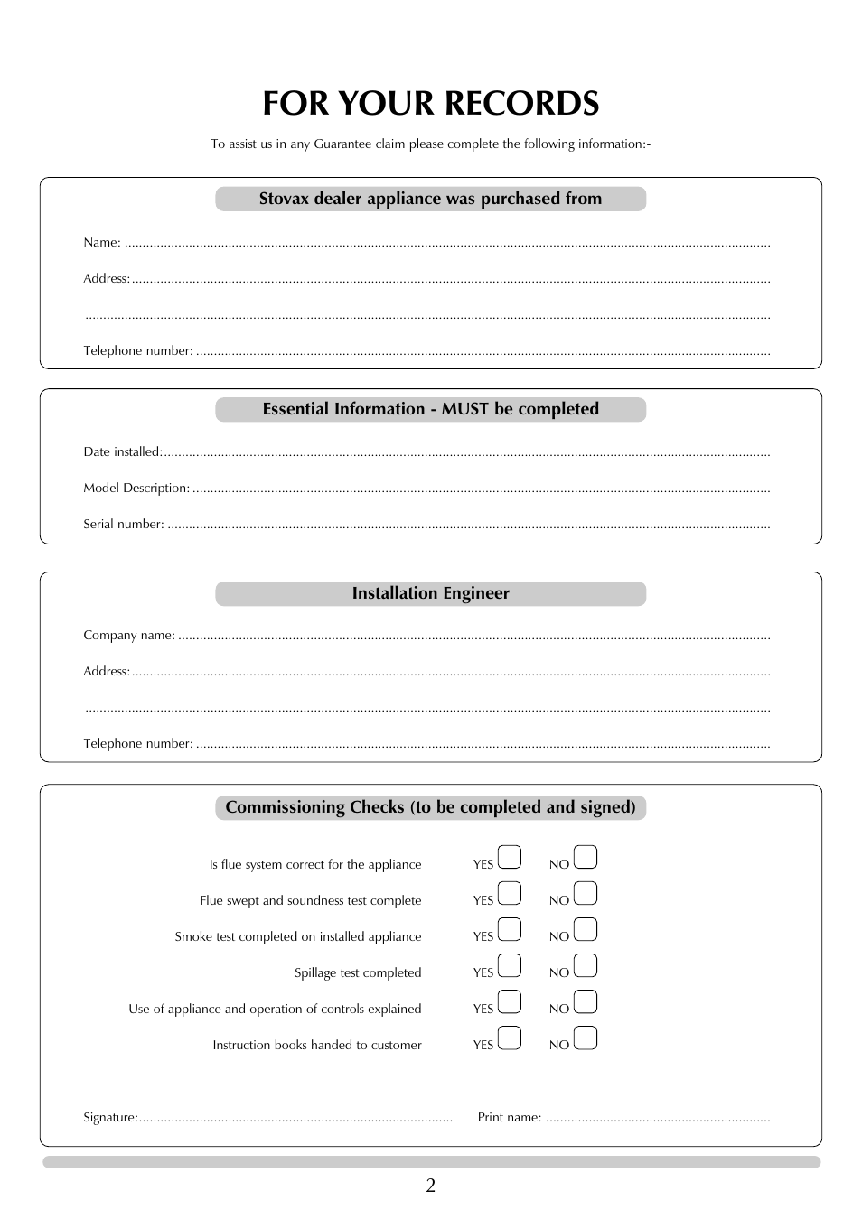 For your records | Stovax RVF40AVM User Manual | Page 2 / 24