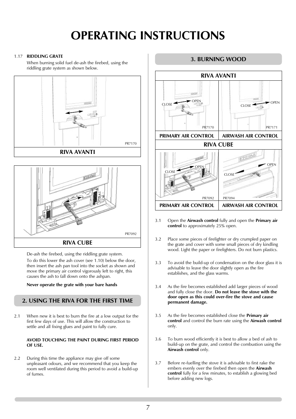 Operating instructions, Riva avanti riva cube, Using the riva for the first time 3. burning wood | Stovax RVF40AVM User Manual | Page 7 / 24