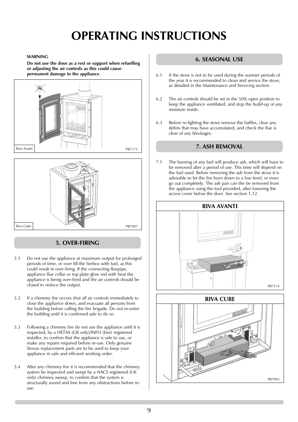 Operating instructions, Over-firing 6. seasonal use 7. ash removal, Riva avanti riva cube | Stovax RVF40AVM User Manual | Page 9 / 24