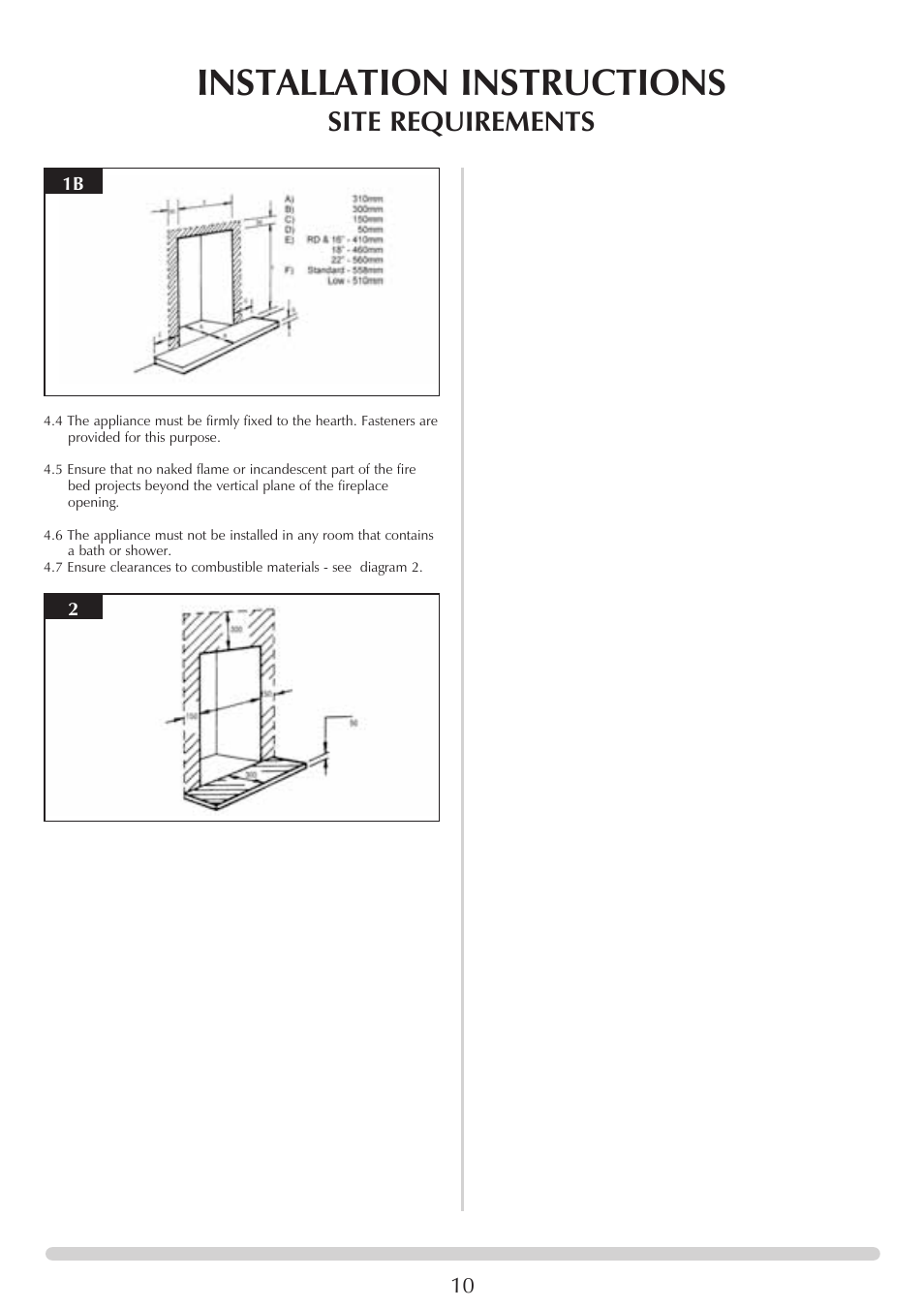 Installation instructions, Site requirements | Stovax VFC Radiant & Convector Fire Range User Manual | Page 10 / 24