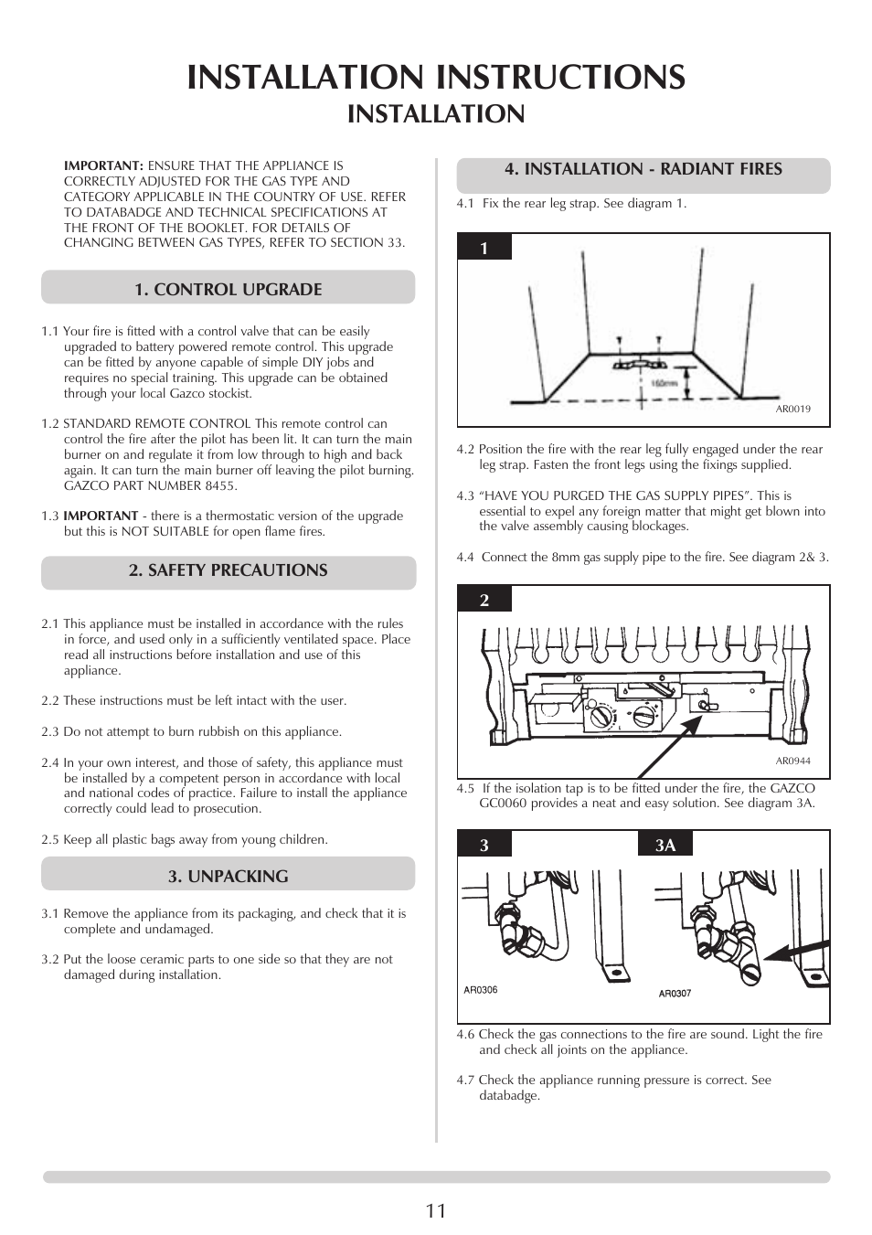 Installation instructions, Installation, Installation - radiant fires | Control upgrade, Safety precautions, Unpacking, 12 3 3a | Stovax VFC Radiant & Convector Fire Range User Manual | Page 11 / 24