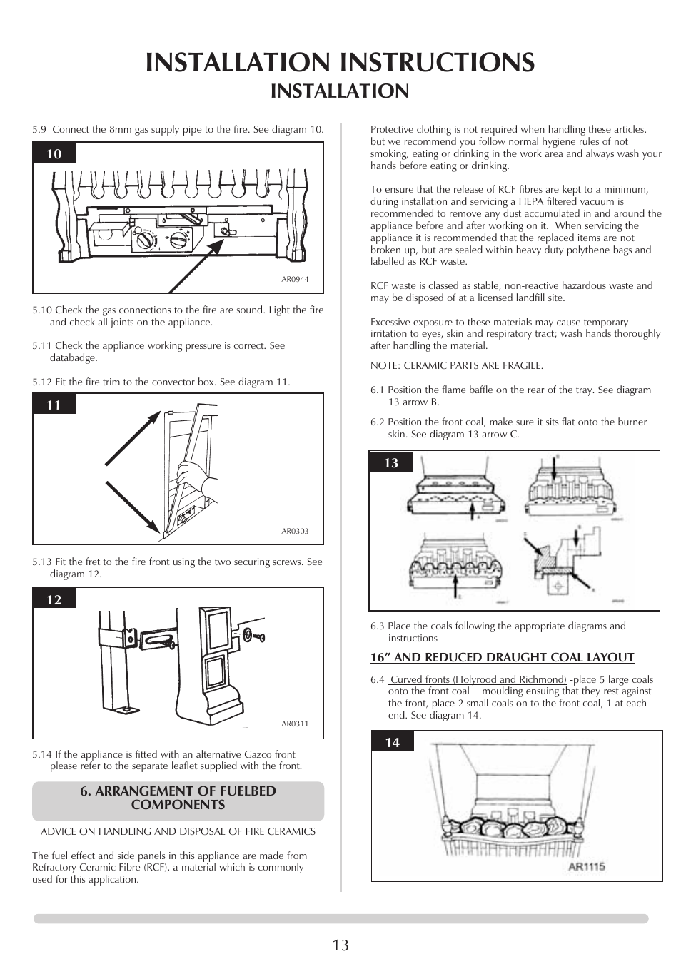 Installation instructions, Installation, Arrangement of fuelbed components | Stovax VFC Radiant & Convector Fire Range User Manual | Page 13 / 24