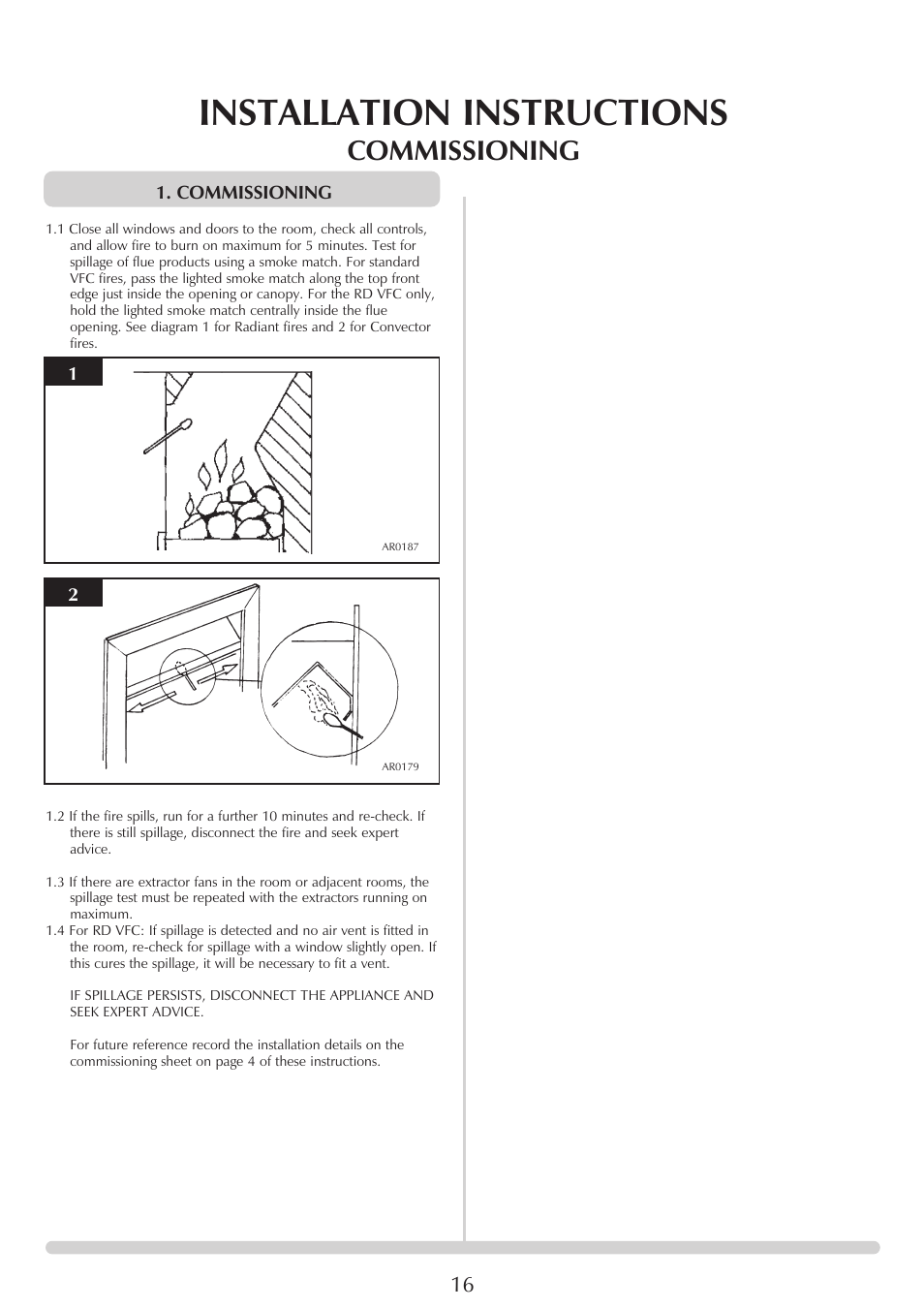 Installation instructions, Commissioning | Stovax VFC Radiant & Convector Fire Range User Manual | Page 16 / 24