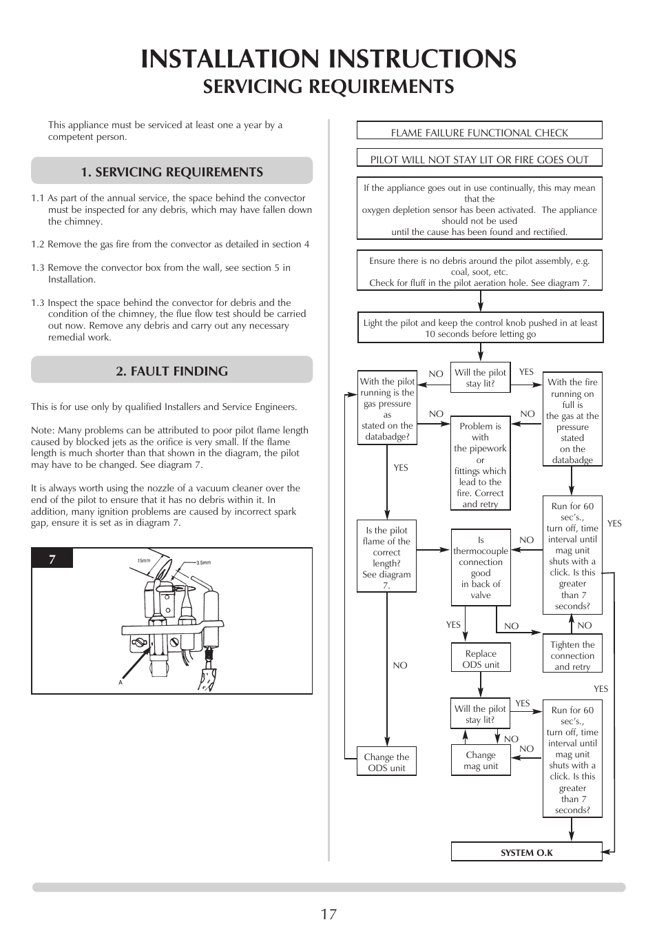 Installation instructions, Servicing requirements, Fault finding | Stovax VFC Radiant & Convector Fire Range User Manual | Page 17 / 24