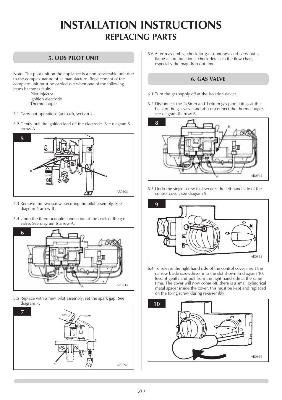 Installation instructions, Replacing parts, Ods pilot unit | Gas valve | Stovax VFC Radiant & Convector Fire Range User Manual | Page 20 / 24