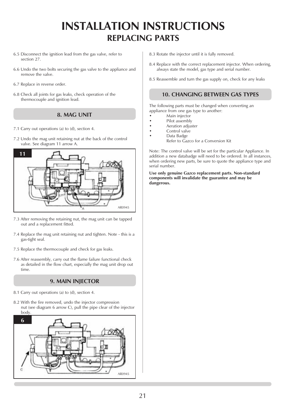 Installation instructions, Replacing parts, Mag unit | Main injector, Changing between gas types | Stovax VFC Radiant & Convector Fire Range User Manual | Page 21 / 24