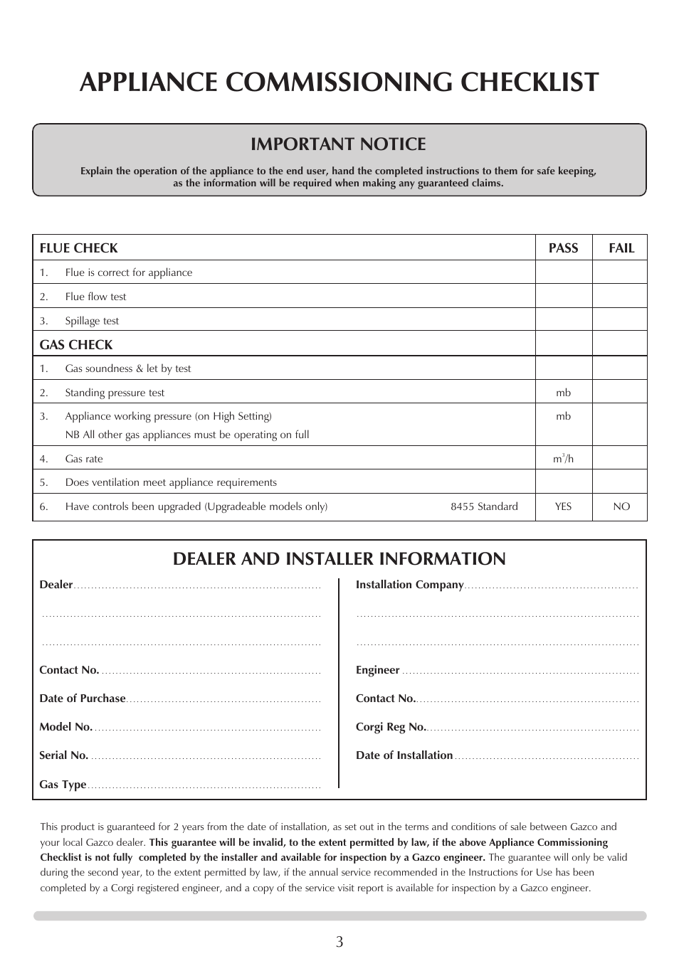 Appliance commissioning checklist, Important notice, Dealer and installer information | Flue check pass fail, Gas check | Stovax VFC Radiant & Convector Fire Range User Manual | Page 3 / 24