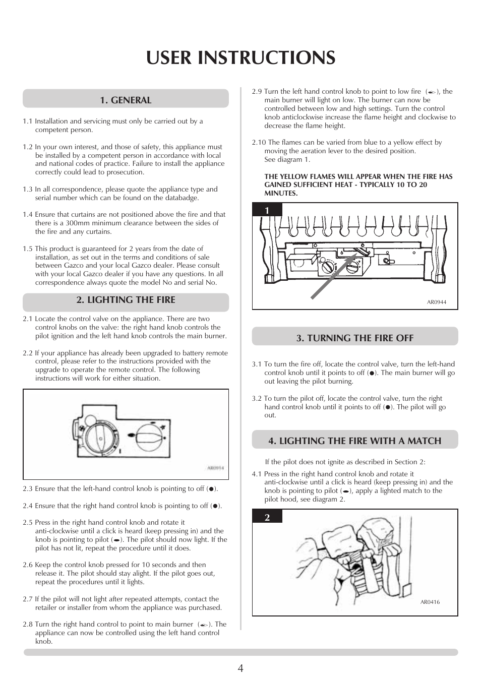 User instructions, Lighting the fire, Turning the fire off | Lighting the fire with a match, General 1 2 | Stovax VFC Radiant & Convector Fire Range User Manual | Page 4 / 24