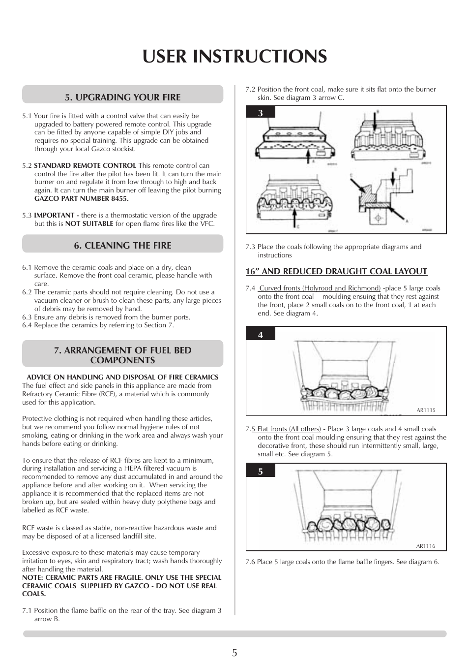 User instructions, Upgrading your fire, Cleaning the fire | Arrangement of fuel bed components | Stovax VFC Radiant & Convector Fire Range User Manual | Page 5 / 24