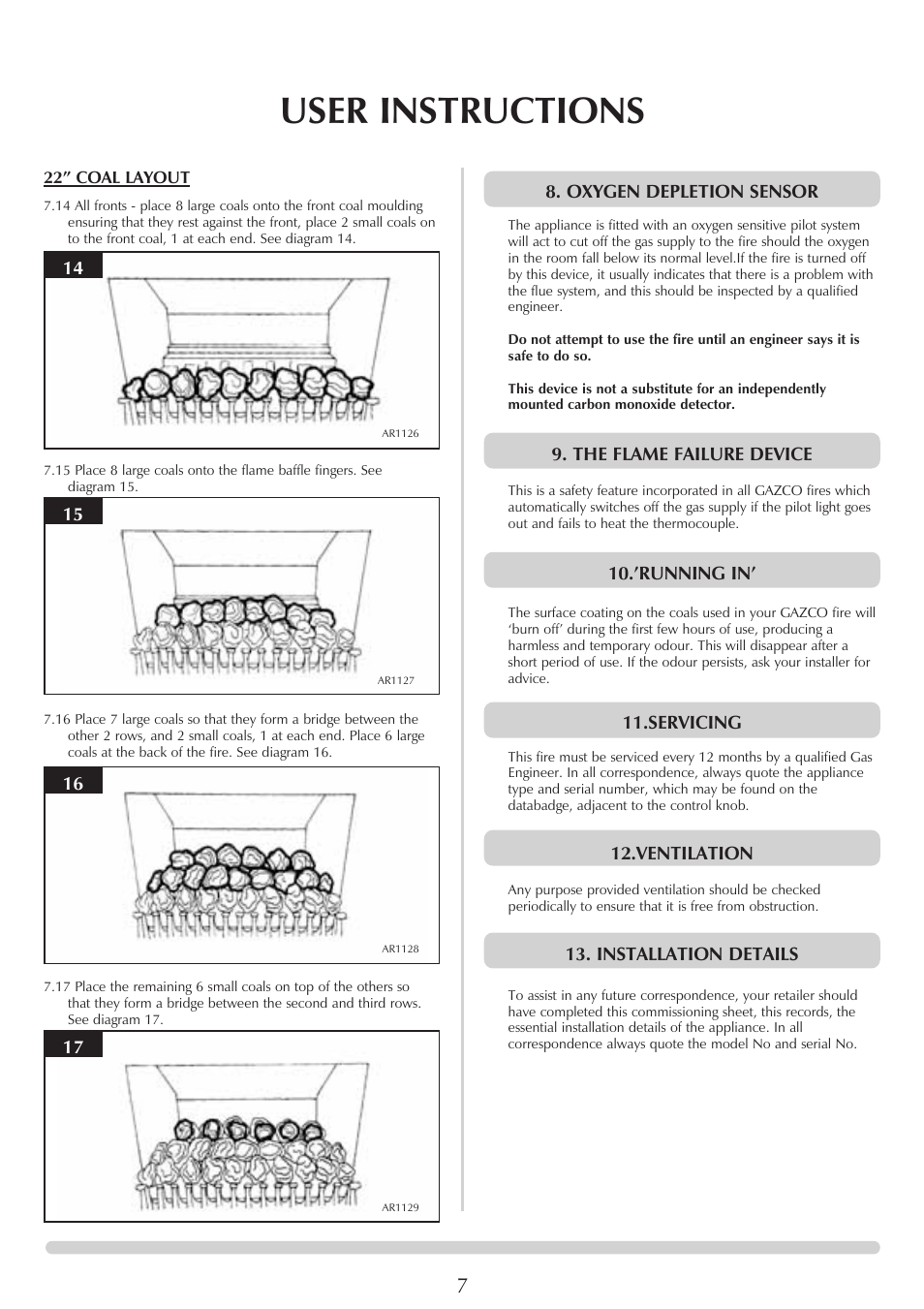 User instructions, Oxygen depletion sensor, The flame failure device | ’running in, Servicing, Ventilation, Installation details | Stovax VFC Radiant & Convector Fire Range User Manual | Page 7 / 24