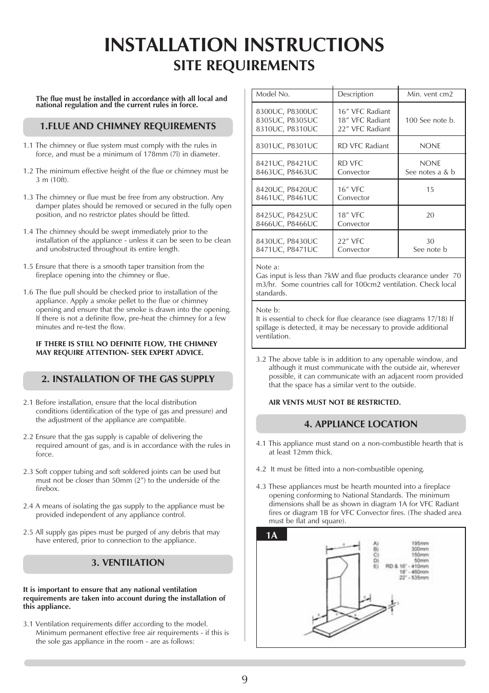 Installation instructions, Site requirements, Flue and chimney requirements | Installation of the gas supply, Ventilation, Appliance location | Stovax VFC Radiant & Convector Fire Range User Manual | Page 9 / 24