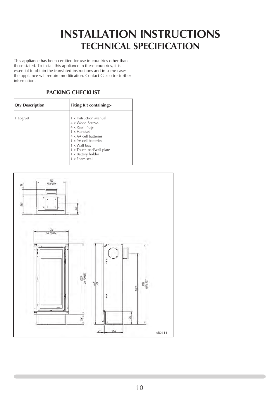 Installation instructions, Technical specification, Packing checklist | Stovax Studio 22 User Manual | Page 10 / 39