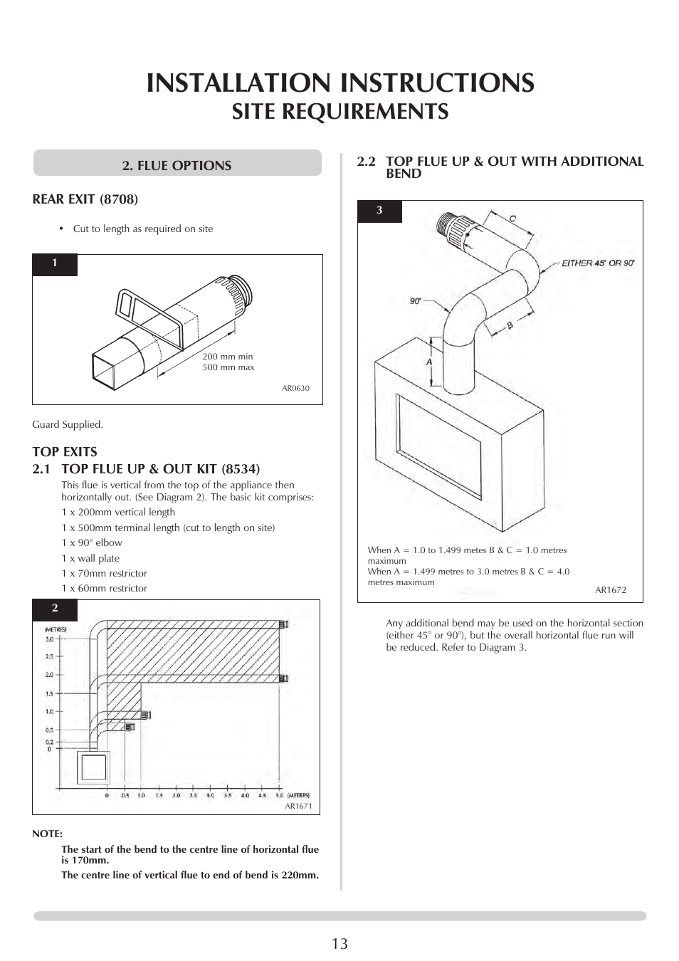 Installation instructions, Site requirements, Flue options rear exit (8708) | 2 top flue up & out with additional bend | Stovax Studio 22 User Manual | Page 13 / 39