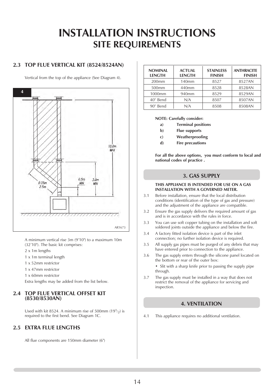 Installation instructions, Site requirements, 5 extra flue lengths | Gas supply, Ventilation | Stovax Studio 22 User Manual | Page 14 / 39