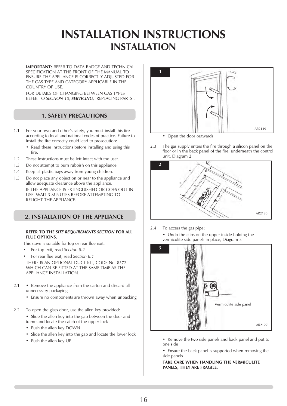 Installation instructions, Installation, Safety precautions | Installation of the appliance | Stovax Studio 22 User Manual | Page 16 / 39