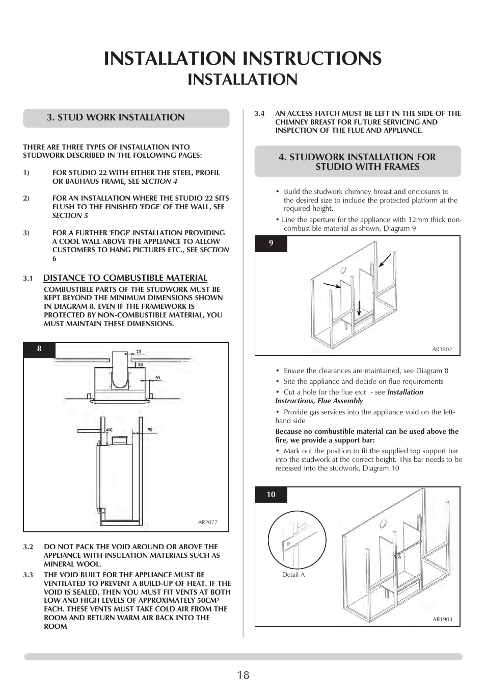 Installation instructions, Installation, Stud work installation | Studwork installation for studio with frames | Stovax Studio 22 User Manual | Page 18 / 39