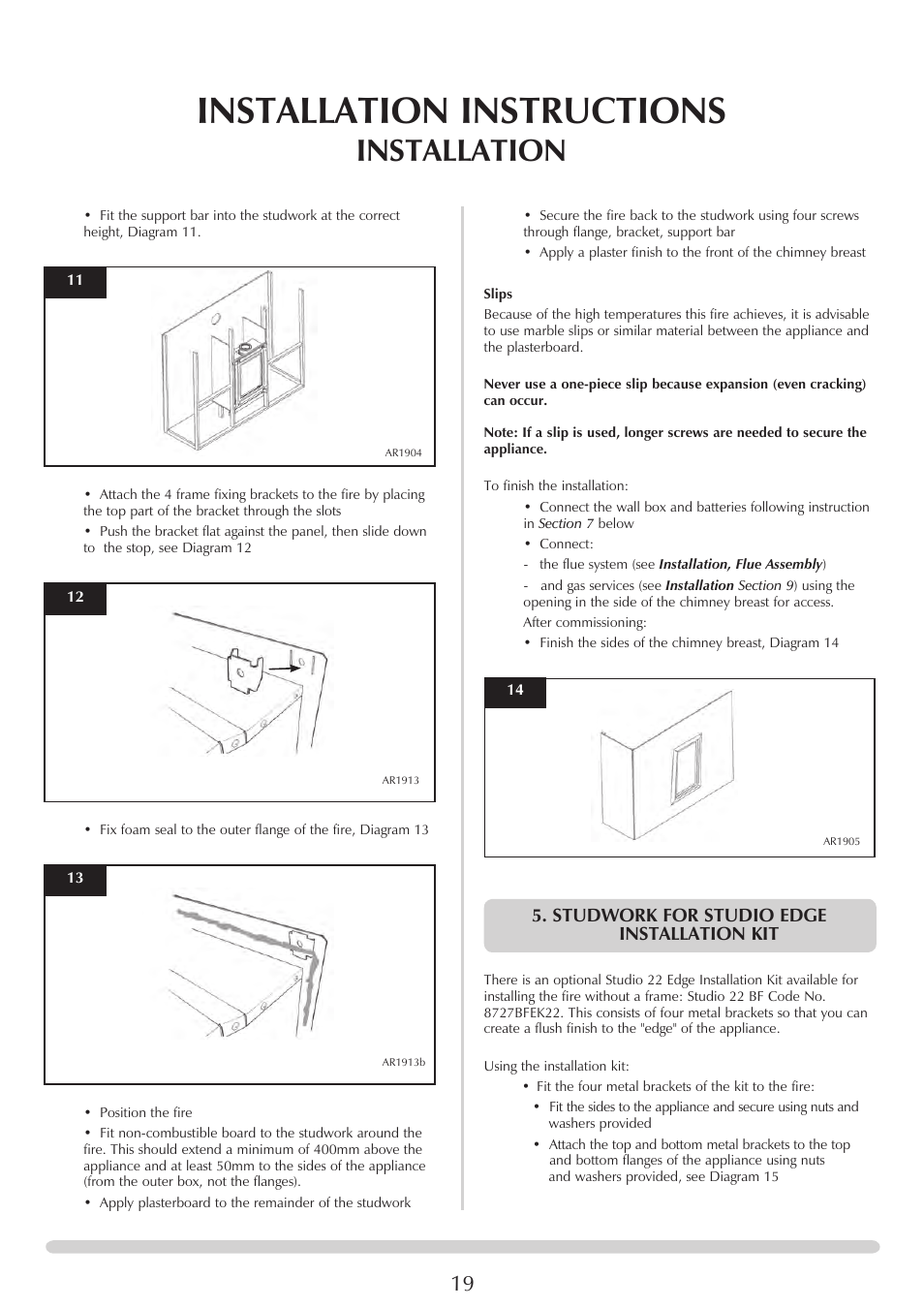 Installation instructions, Installation, Studwork for studio edge installation kit | Stovax Studio 22 User Manual | Page 19 / 39
