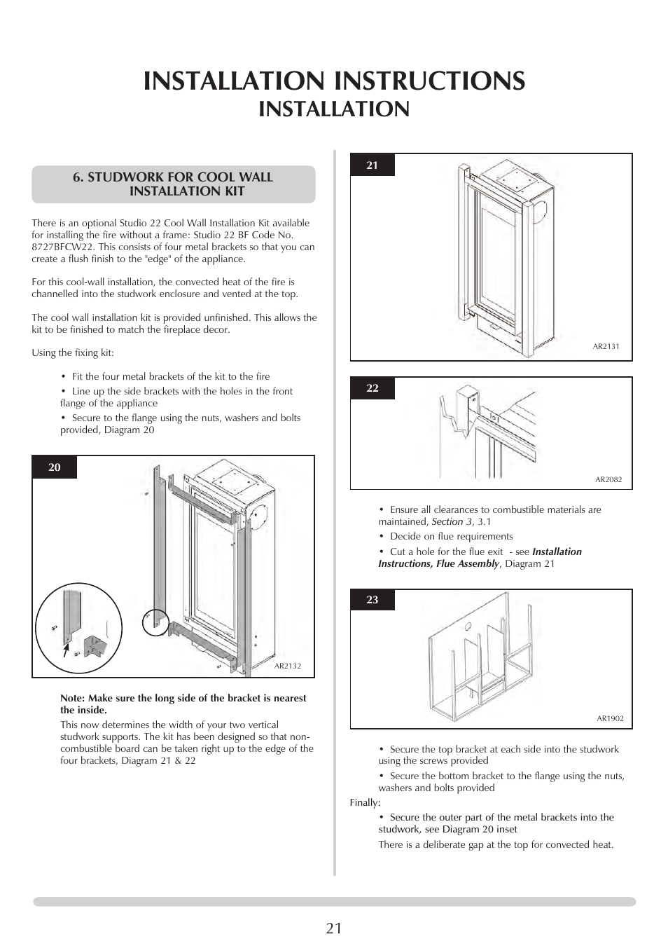 Installation instructions, Installation, Studwork for cool wall installation kit | Stovax Studio 22 User Manual | Page 21 / 39