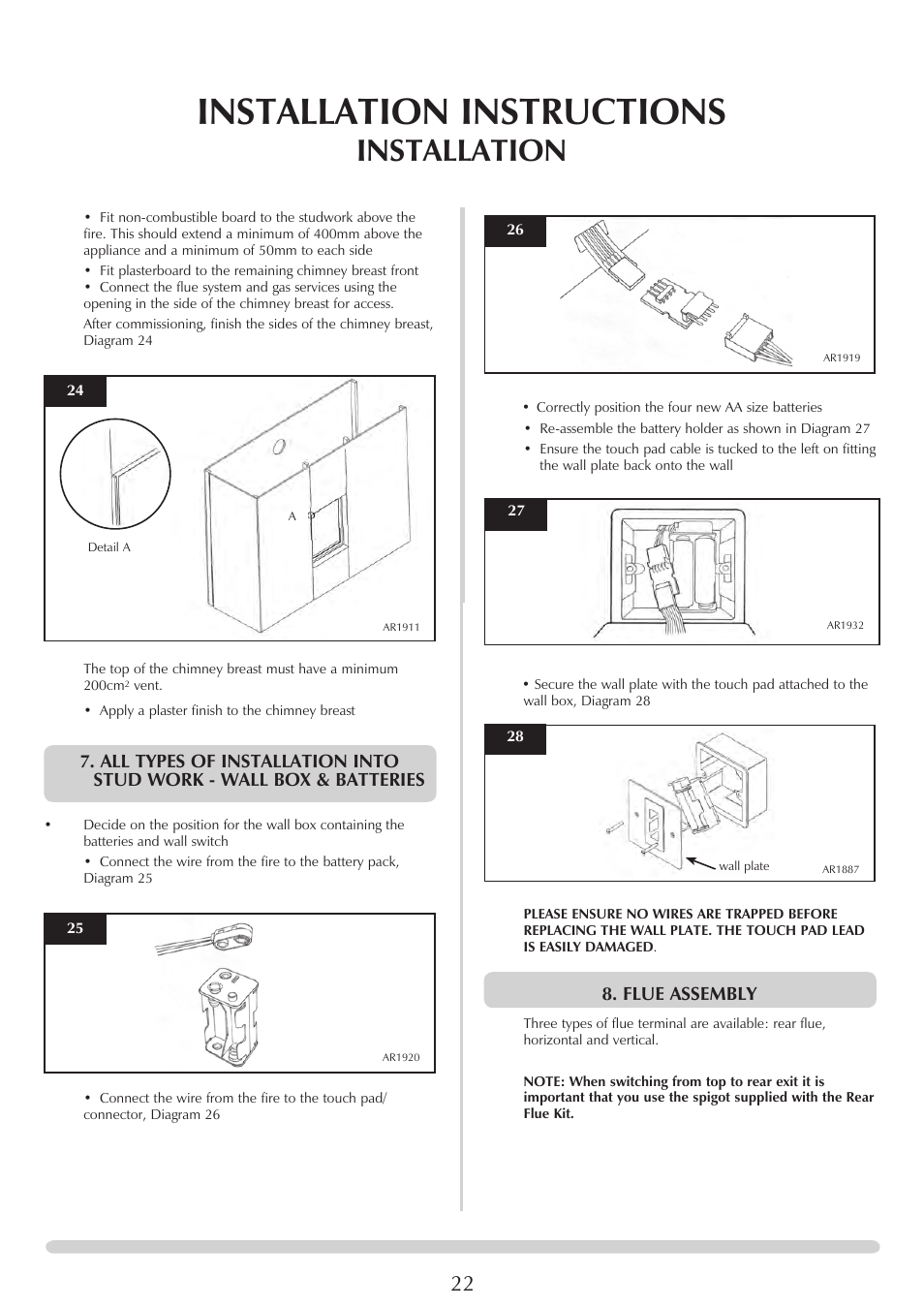 Installation instructions, Installation, Flue assembly | Stovax Studio 22 User Manual | Page 22 / 39