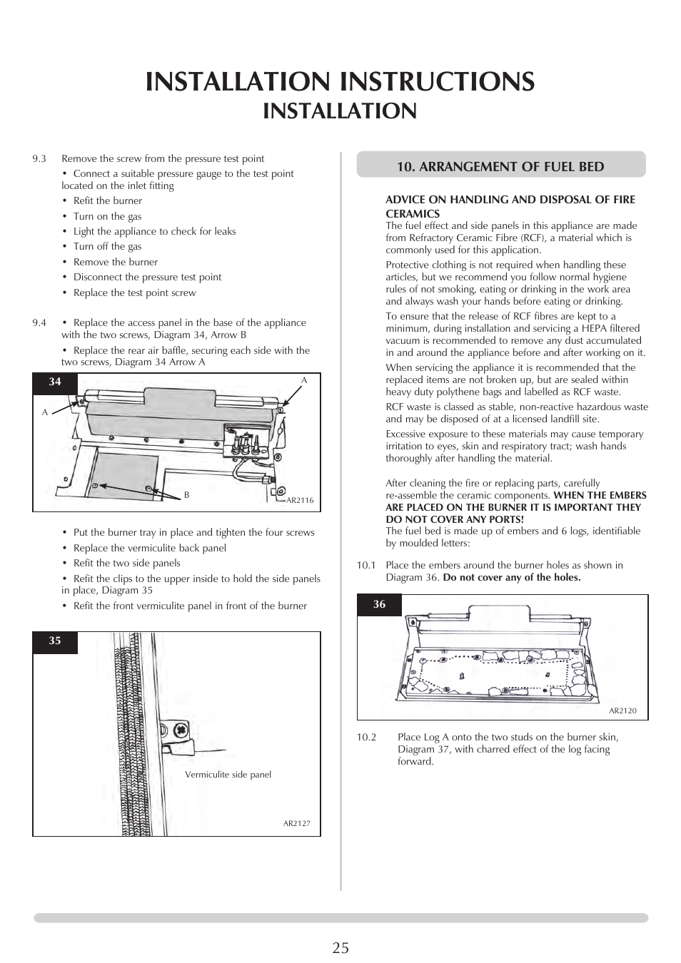 Installation instructions, Installation, Arrangement of fuel bed | Stovax Studio 22 User Manual | Page 25 / 39