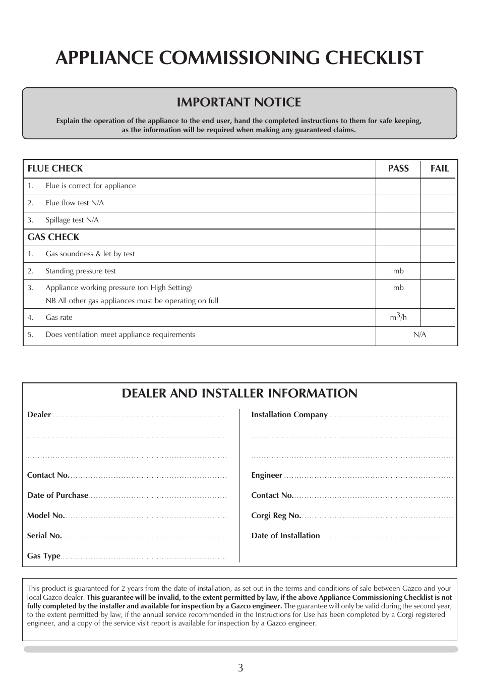 Appliance commissioning checklist, Important notice, Dealer and installer information | Flue check pass fail, Gas check | Stovax Studio 22 User Manual | Page 3 / 39