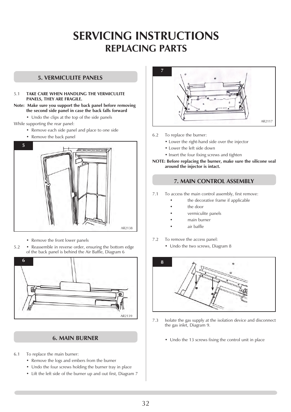 Servicing instructions, Replacing parts, Vermiculite panels | Main burner, Main control assembly | Stovax Studio 22 User Manual | Page 32 / 39