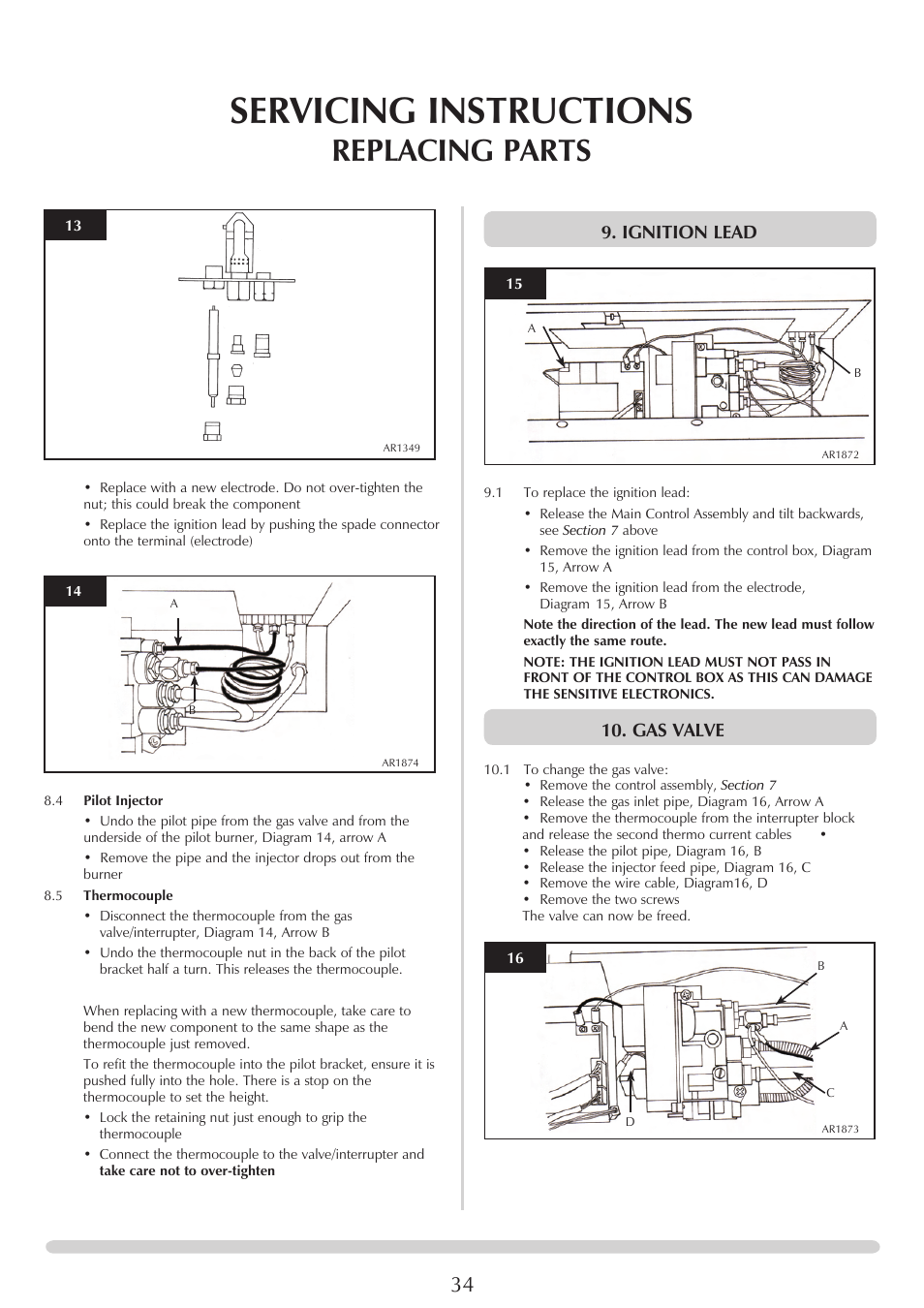 Servicing instructions, Replacing parts, Ignition lead | Gas valve | Stovax Studio 22 User Manual | Page 34 / 39