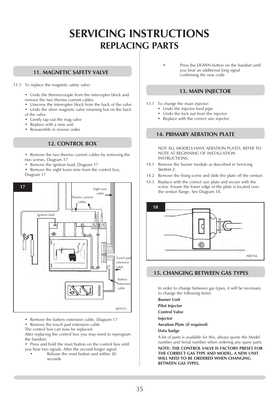 Servicing instructions, Replacing parts, Magnetic safety valve | Control box, Main injector, Primary aeration plate, Changing between gas types | Stovax Studio 22 User Manual | Page 35 / 39