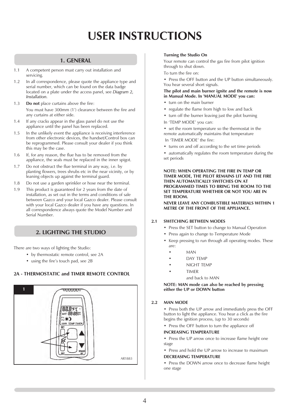 User instructions, General, Lighting the studio | Stovax Studio 22 User Manual | Page 4 / 39