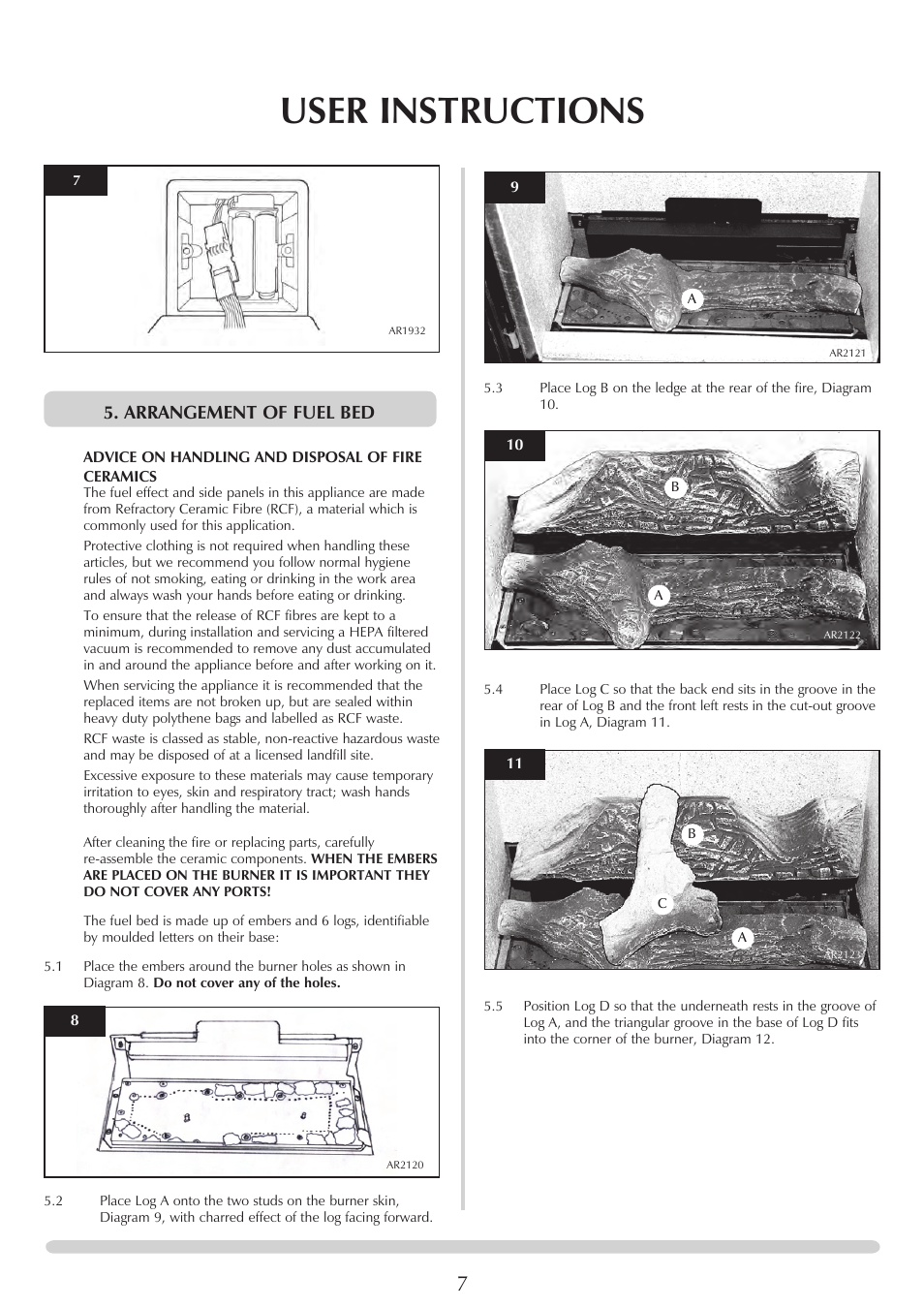 User instructions, Arrangement of fuel bed | Stovax Studio 22 User Manual | Page 7 / 39