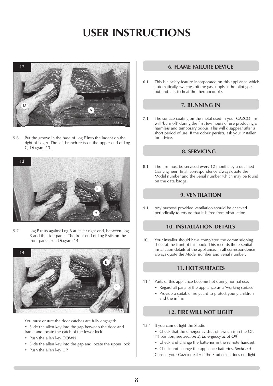 User instructions, Flame failure device, Running in | Servicing, Ventilation, Installation details, Hot surfaces, Fire will not light | Stovax Studio 22 User Manual | Page 8 / 39