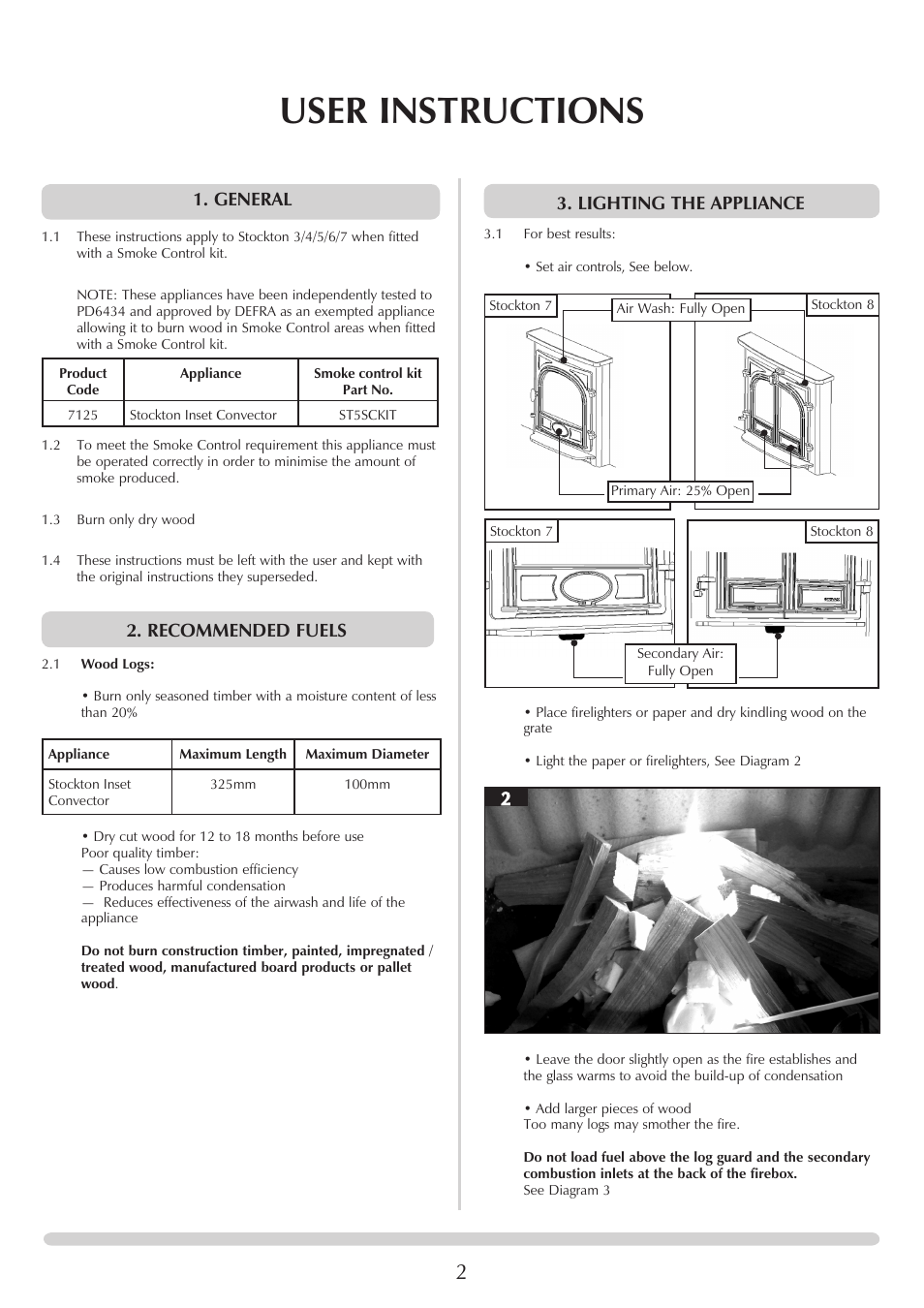 User instructions, General, Recommended fuels | Lighting the appliance | Stovax Stockton 7 7125F User Manual | Page 2 / 6