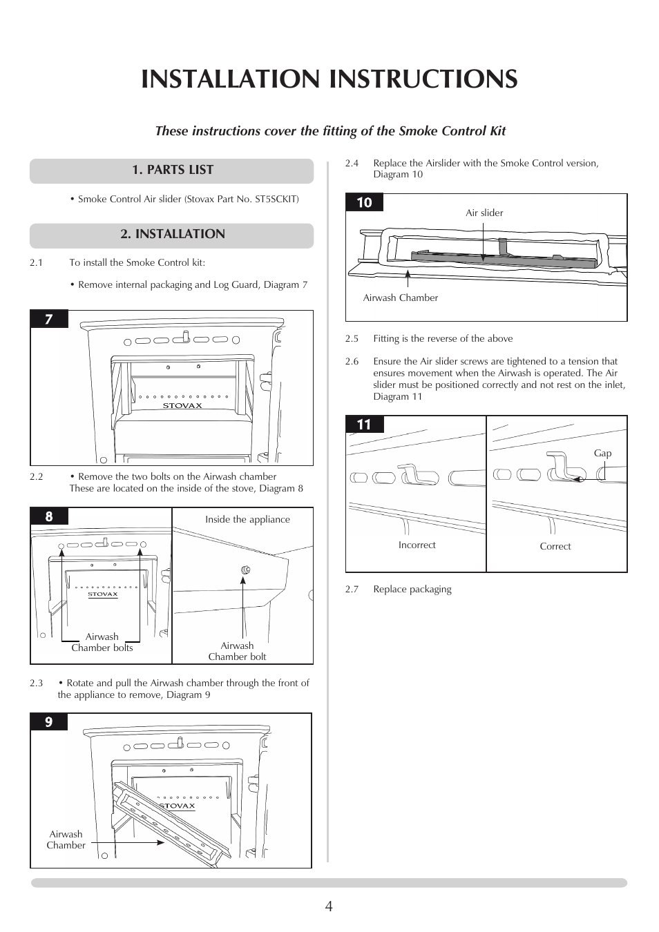 Installation instructions, Parts list, Installation | Stovax Stockton 7 7125F User Manual | Page 4 / 6