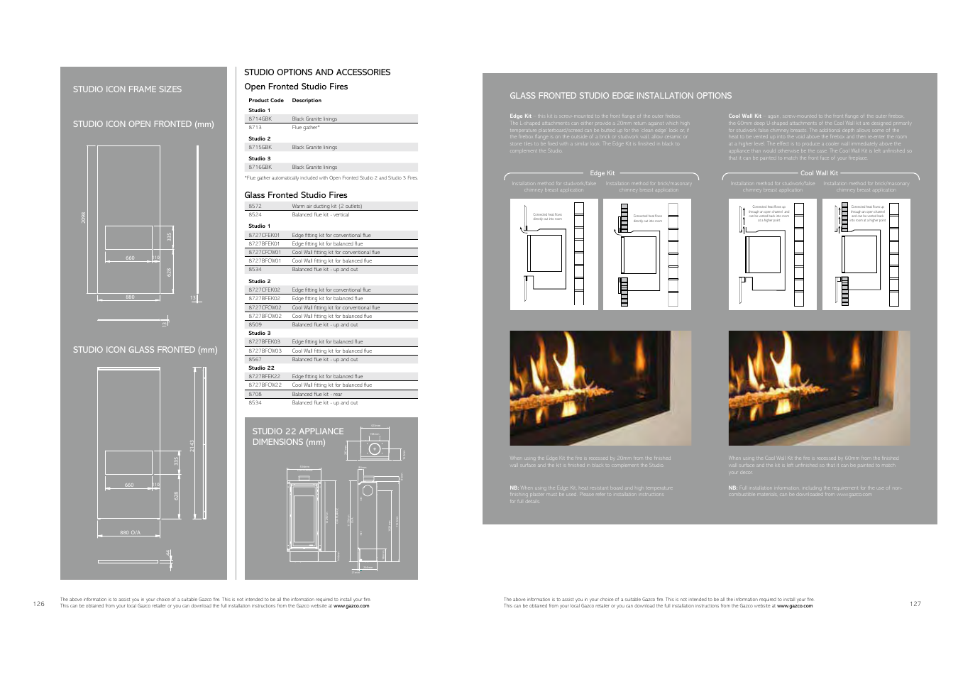 Glass fronted studio fires, Studio icon frame sizes, Studio 22 appliance dimensions (mm) | Glass fronted studio edge installation options | Stovax Gas and Electric Fires User Manual | Page 64 / 70