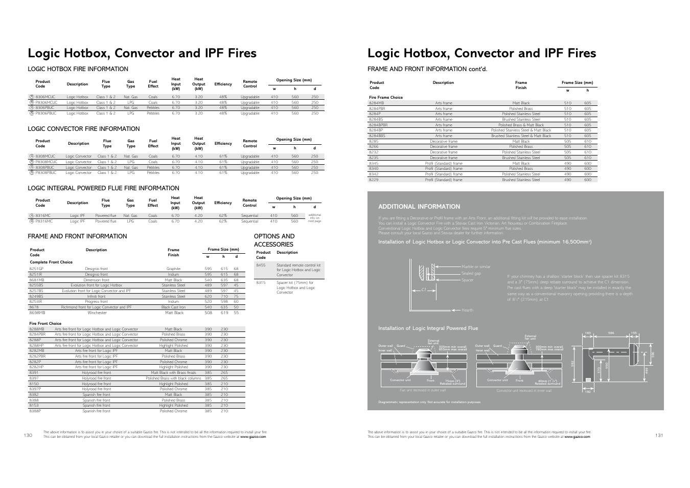 Logic hotbox, convector and ipf fires, Frame and front information, Options and accessories | Logic hotbox fire information, Logic convector fire information, Logic integral powered flue fire information, Additional information, Frame and front information cont'd | Stovax Gas and Electric Fires User Manual | Page 66 / 70