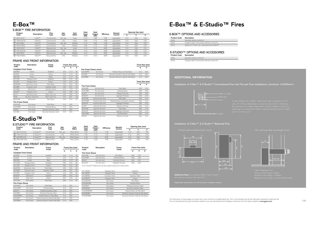 E-box, E-studio, E-box™ & e-studio™ fires | E-box™ fire information, E-studio™ fire information, Frame and front information, E-studio™ options and accessories | Stovax Gas and Electric Fires User Manual | Page 67 / 70