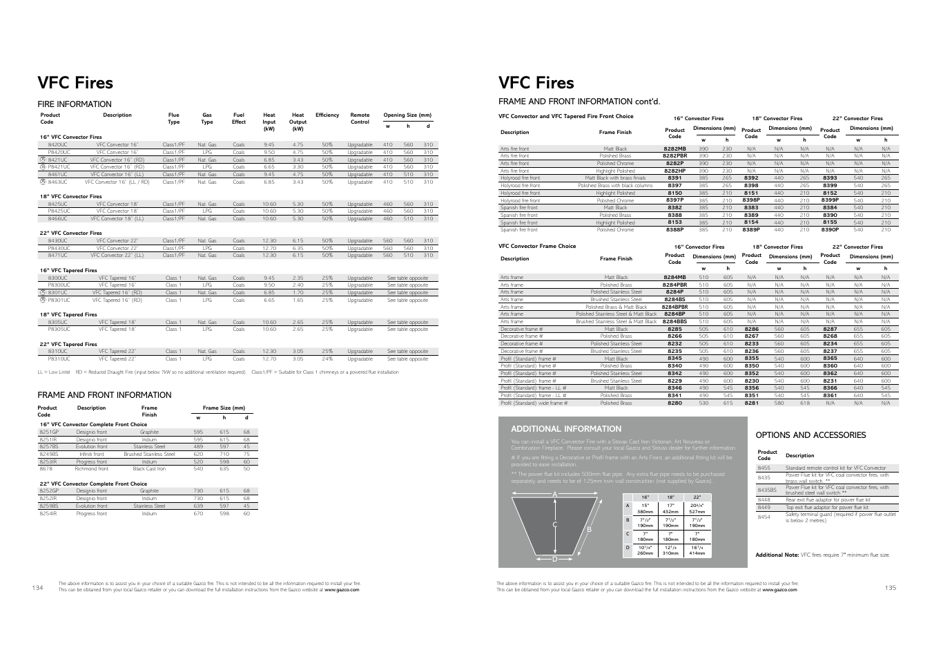 Vfc fires, Additional information fire information, Frame and front information | Frame and front information cont'd, Options and accessories, Additional information | Stovax Gas and Electric Fires User Manual | Page 68 / 70