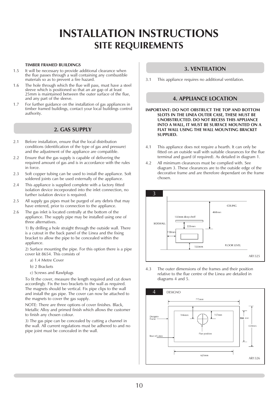 Installation instructions, Site requirements, Gas supply | Ventilation, Appliance location | Stovax PR0731 User Manual | Page 10 / 26