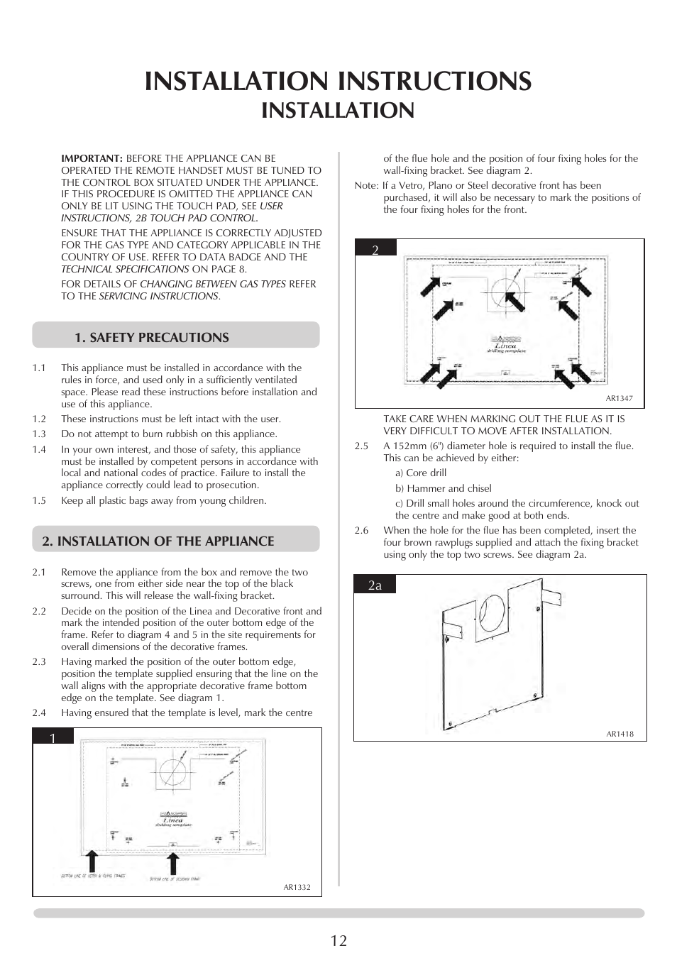 Installation instructions, Installation, Safety precautions | Installation of the appliance | Stovax PR0731 User Manual | Page 12 / 26