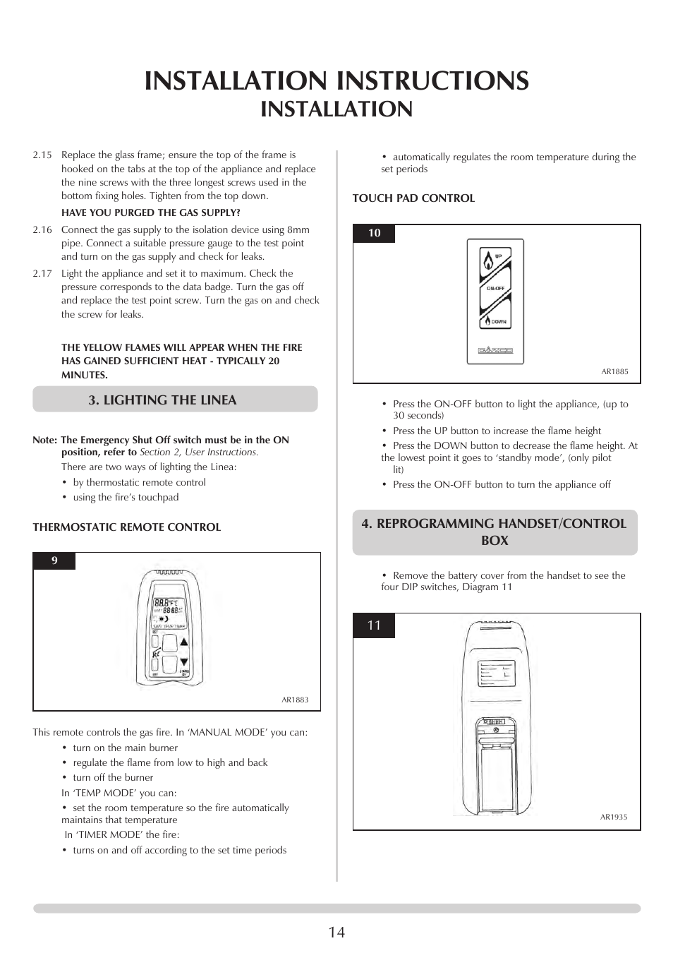 Installation instructions, Installation, Reprogramming handset/control box | Lighting the linea | Stovax PR0731 User Manual | Page 14 / 26