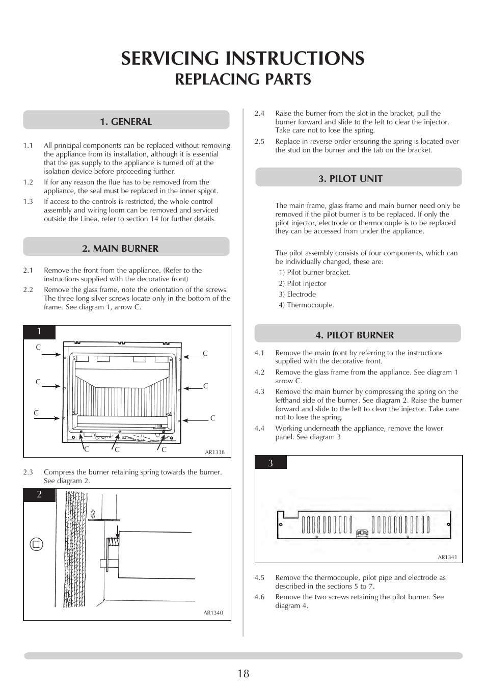 Servicing instructions, Replacing parts, Pilot unit | General, Main burner, Pilot burner | Stovax PR0731 User Manual | Page 18 / 26